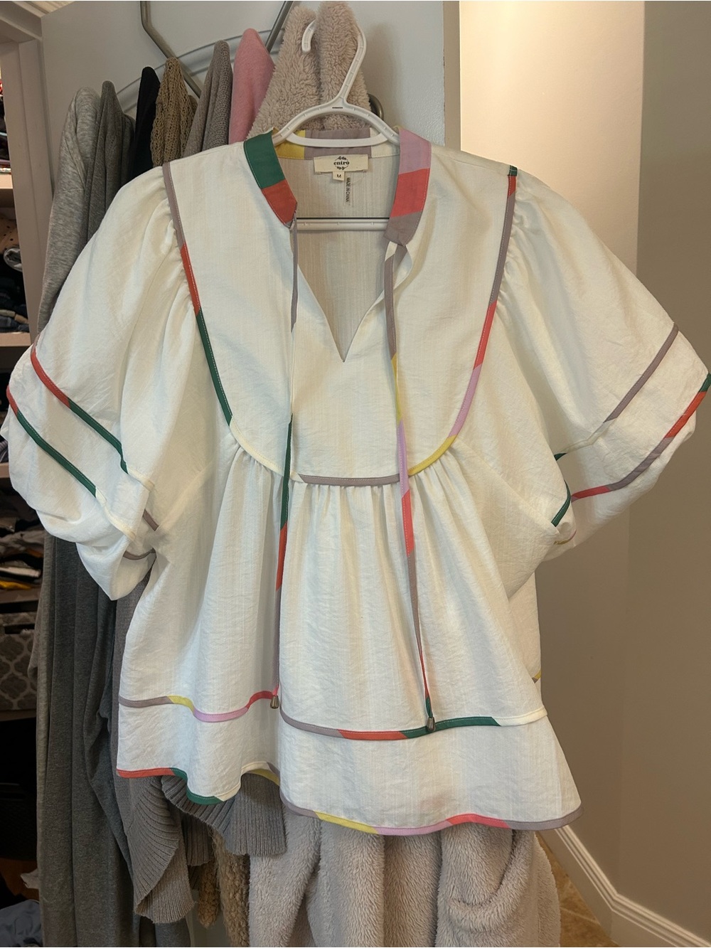 entro White Peasant Tunic with Multicolor Trim